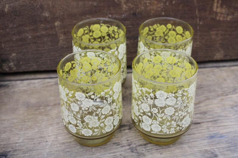 70s vintage Libbey accent modern amber glass lowball tumblers w/ white flowers