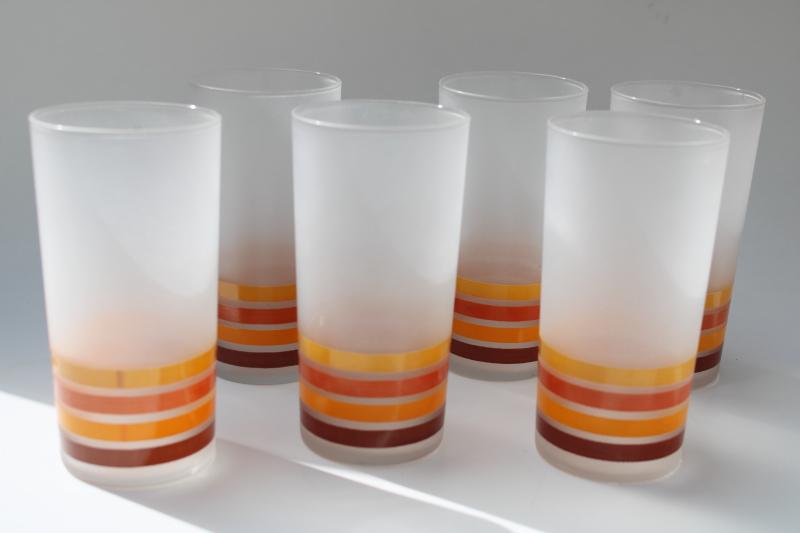 70s vintage Libbey drinking glasses, frosted glass w/ candy corn stripes