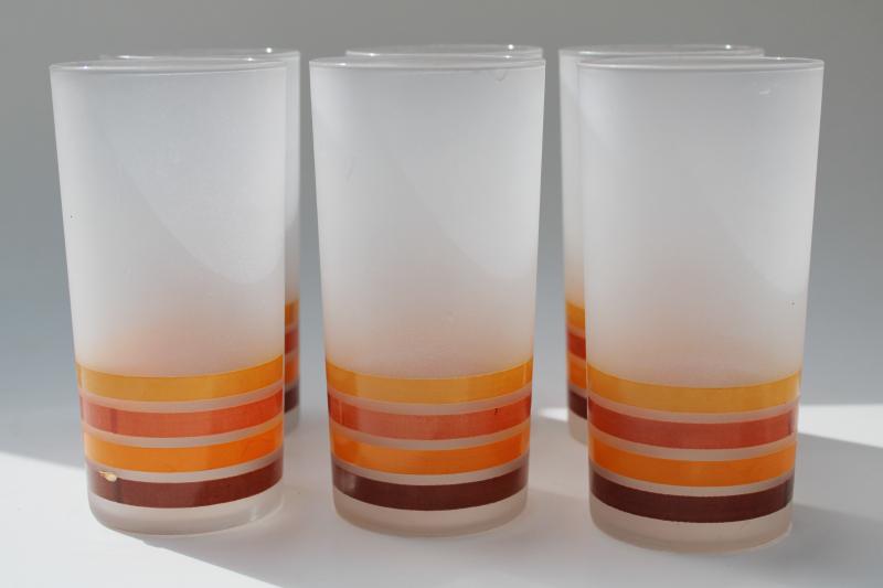 70s vintage Libbey drinking glasses, frosted glass w/ candy corn stripes