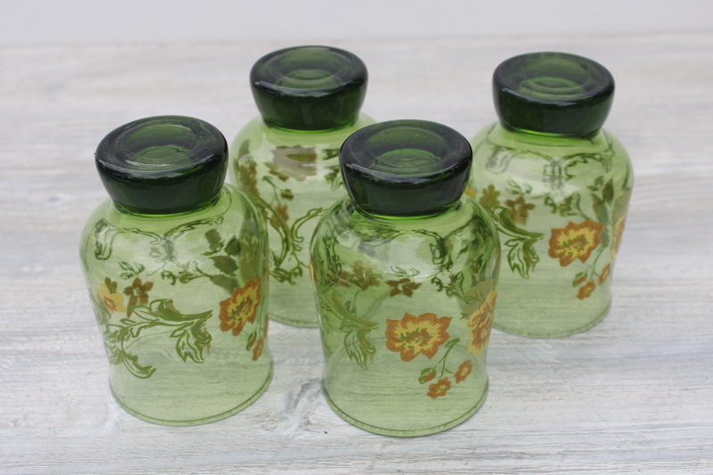 70s vintage Libbey drinking glasses, yellow flowers on green glass tumblers