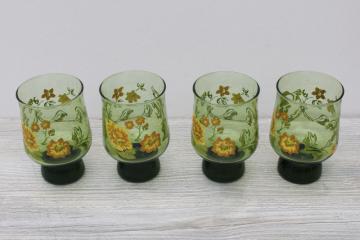 70s vintage Libbey drinking glasses, yellow flowers on green glass tumblers