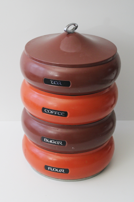 70s vintage Lincoln Beautyware kitchen canister set, mod genie style	stacking canisters