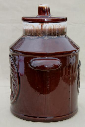 70s vintage McCoy brown drip glaze pottery cookie jar w/ Liberty Bell