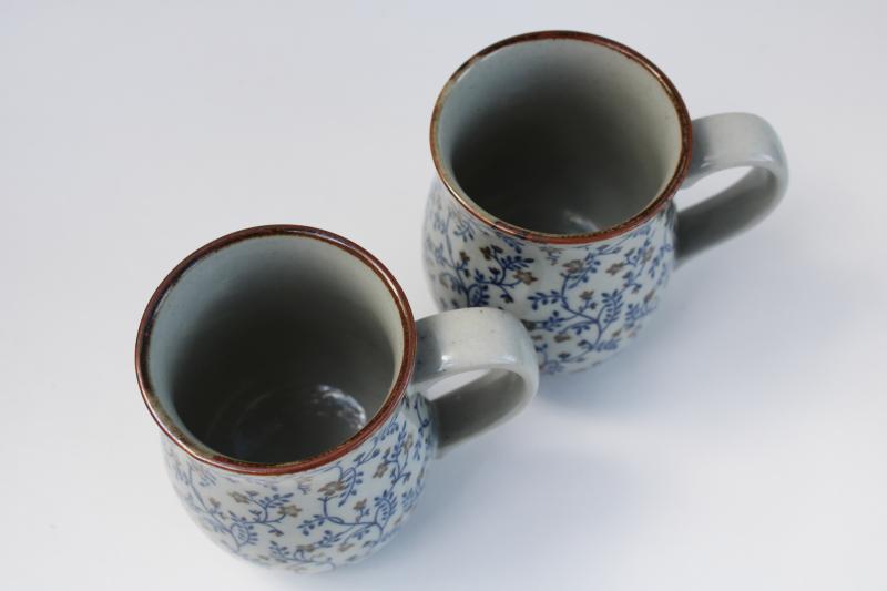 70s vintage Otagiri Japan stoneware coffee mugs, blue brown floral calico chintz