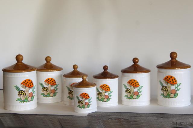 70s vintage Sears Merry Mushroom ceramic canisters, retro kitchen counter storage jars