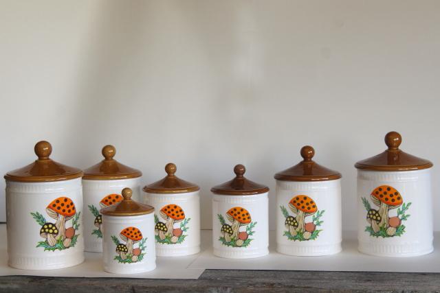 70s vintage Sears Merry Mushroom ceramic canisters, retro kitchen counter storage jars