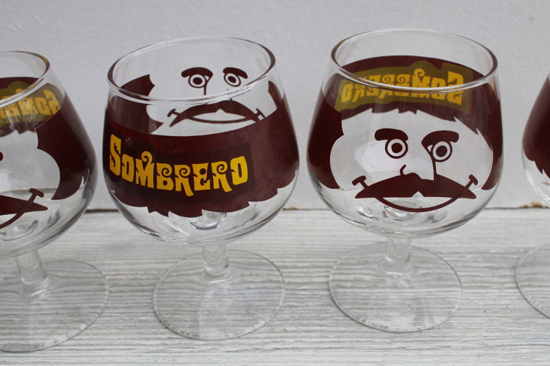 70s vintage Sombrero Kahlua cocktail glasses, retro barware, snifter glasses funny faces