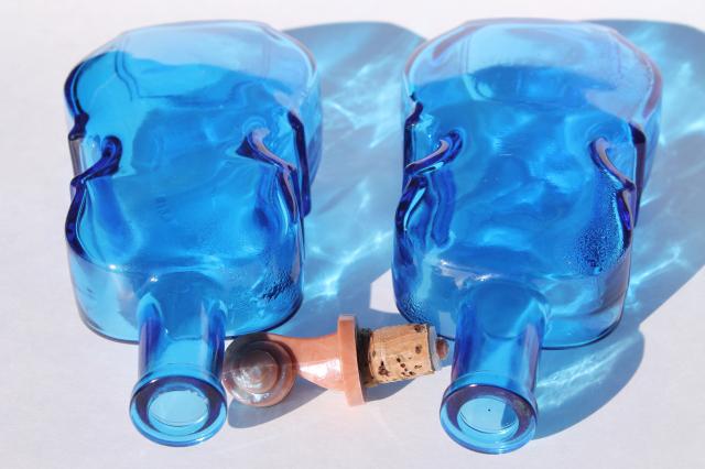 70s vintage Wheaton glass decanters, blue glass violin bottles antique reproductions