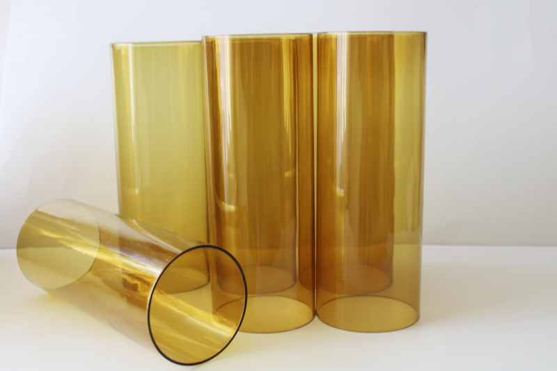 70s vintage amber glass hurricane shades, mod cylinder chandelier shade chimneys