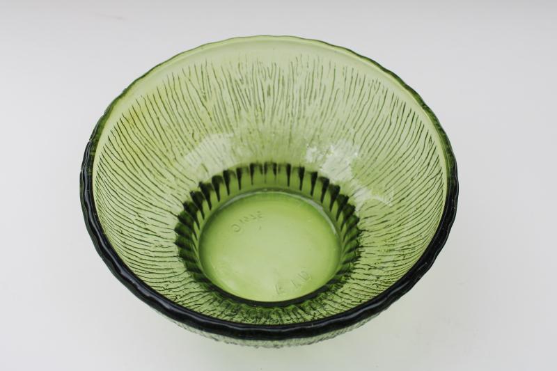 70s vintage avocado green glass bowl, retro bark textured planter pot FTD 1975