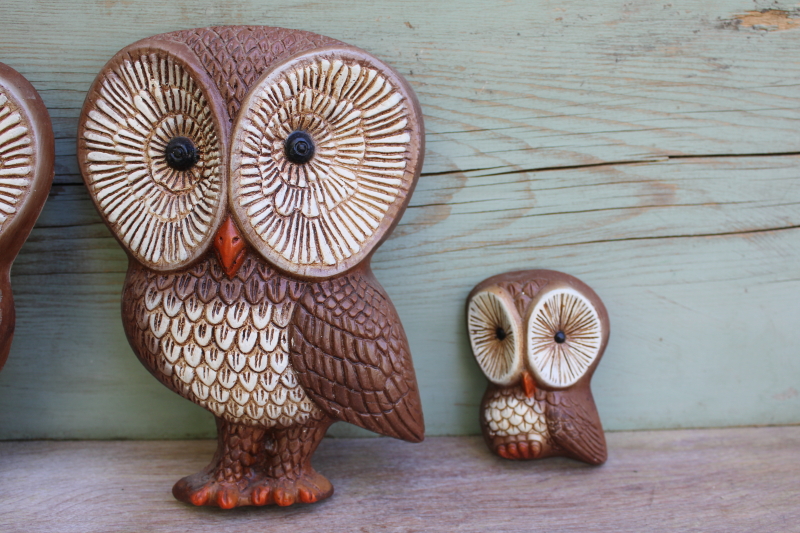 70s vintage barn owl family wall art, collection of plastic foam plaques easy to hang