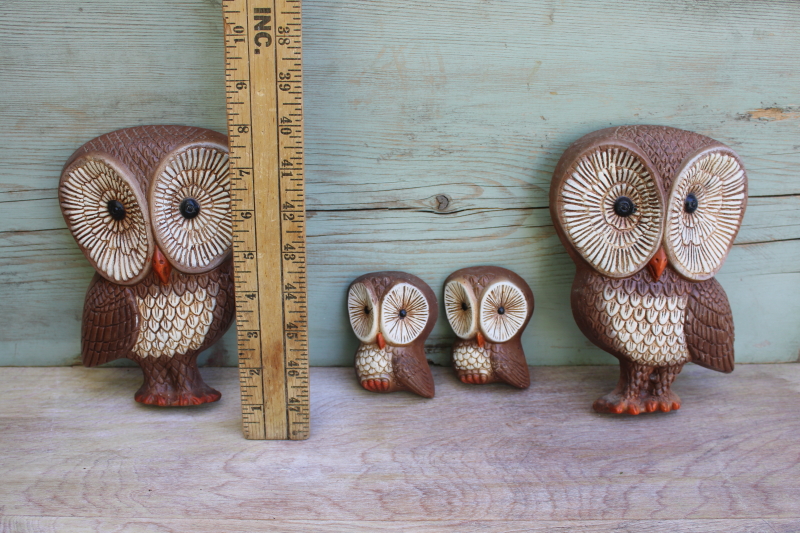 70s vintage barn owl family wall art, collection of plastic foam plaques easy to hang
