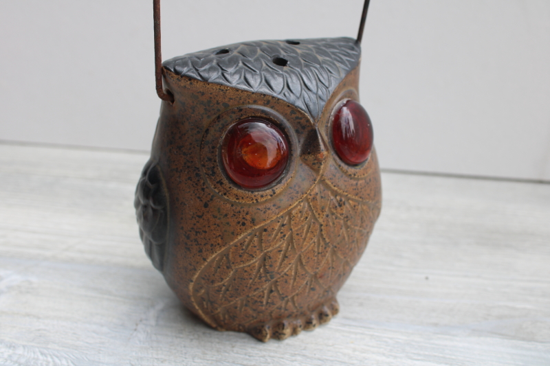 70s vintage big eyed ceramic owl candle lamp fairy light w/ lantern handle