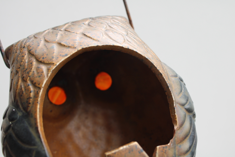 70s vintage big eyed ceramic owl candle lamp fairy light w/ lantern handle