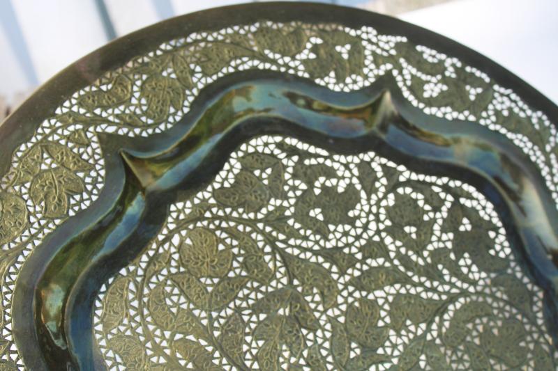 70s vintage boho decor, big round brass wall hanging tray w/ paisley lace texture