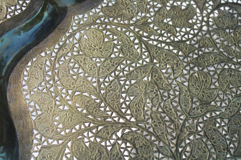 70s vintage boho decor, big round brass wall hanging tray w/ paisley lace texture