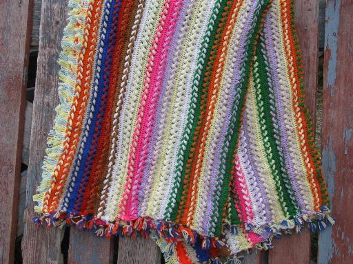 70s vintage broomstick lace crochet afghan, chunky stripes in retro colors