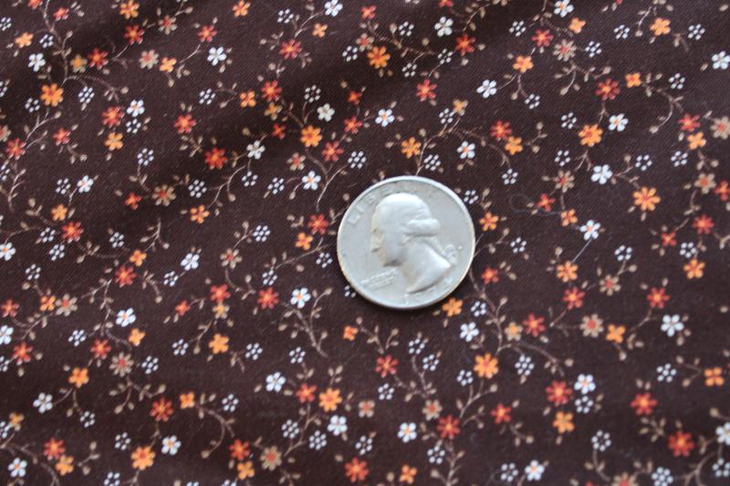 70s vintage brown calico tiny flowers print cotton fabric, retro prairie girl style