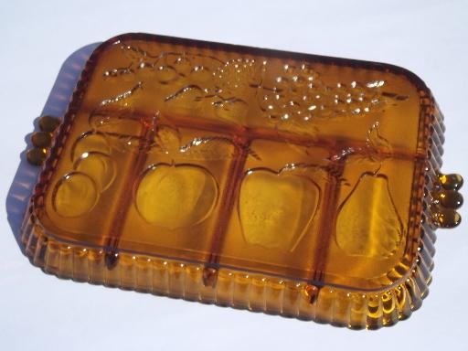 70s vintage carnival glass divided relish plate, gold luster fruit tray