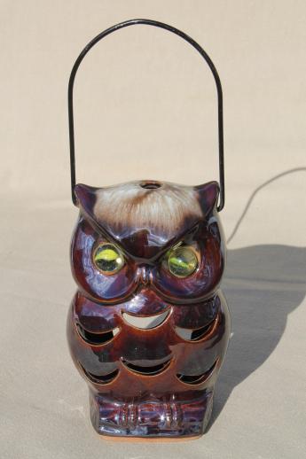 70s vintage ceramic owl lantern, retro brown owl candle luminaria light