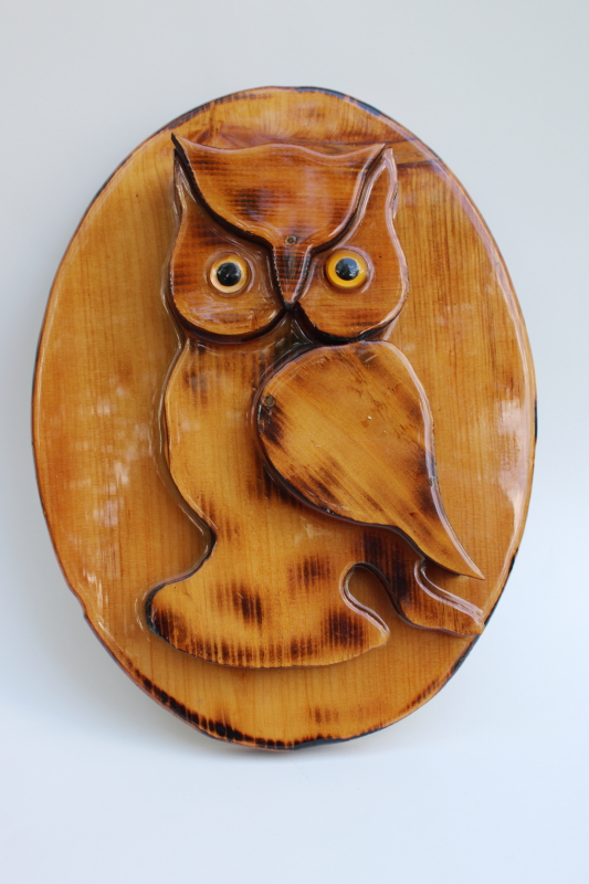 70s vintage chunky wood wall art w/ owl, handcrafted hippie style rustic decor