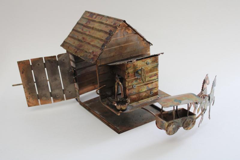 70s vintage copper metal art horse barn wagon team, music box King of the Road 