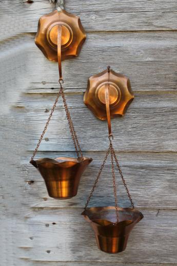 70s vintage copper planters collection, wall hanging window garden flower pots