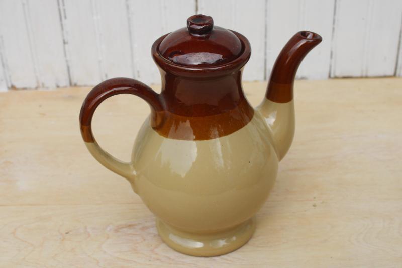 70s vintage cottage style coffee pot, chunky stoneware pottery tan brown band 