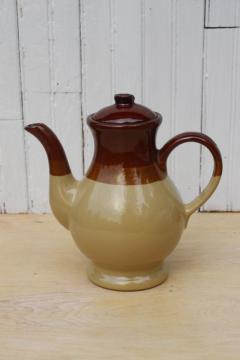 70s vintage cottage style coffee pot, chunky stoneware pottery tan brown band 