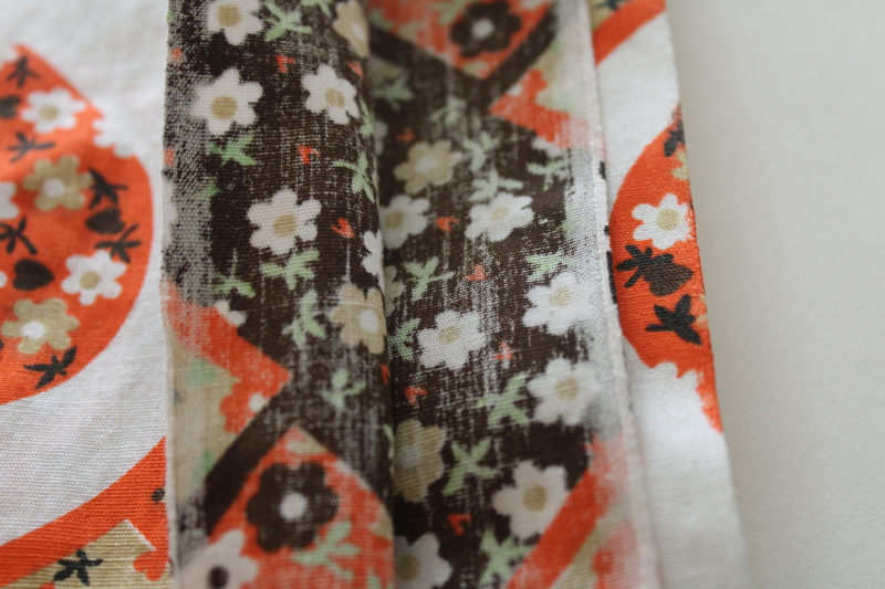 70s vintage cotton fabric, calico girls country patchwork print orange brown lime green