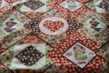70s vintage cotton fabric, calico girls country patchwork print orange brown lime green