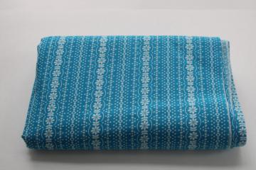 70s vintage cotton fabric, flower stripe white daisy chain on aqua blue