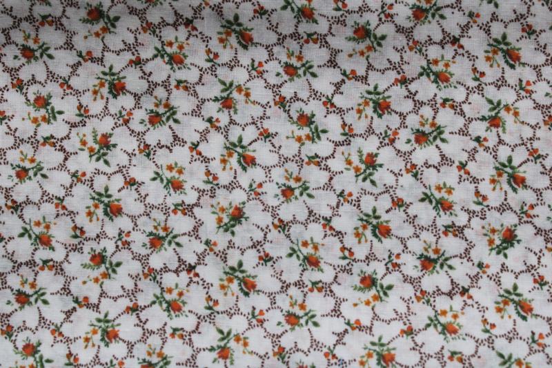 70s vintage cotton fabric, prairie girl floral tiny print brown russet orange on white