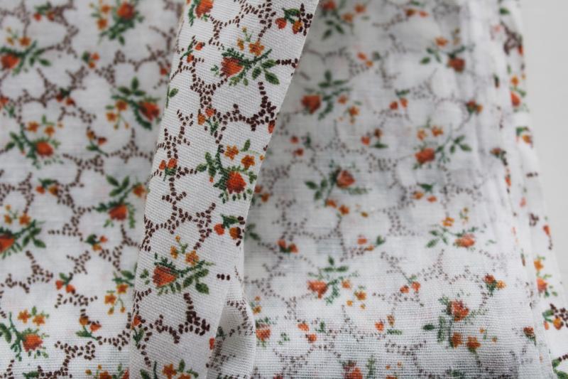 70s vintage cotton fabric, prairie girl floral tiny print brown russet orange on white