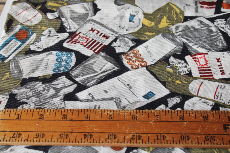 70s vintage cotton twill fabric, mod garbage print food packaging consumer waste