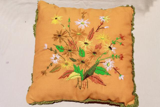 70s vintage crewel embroidery cushion, retro orange linen w ...