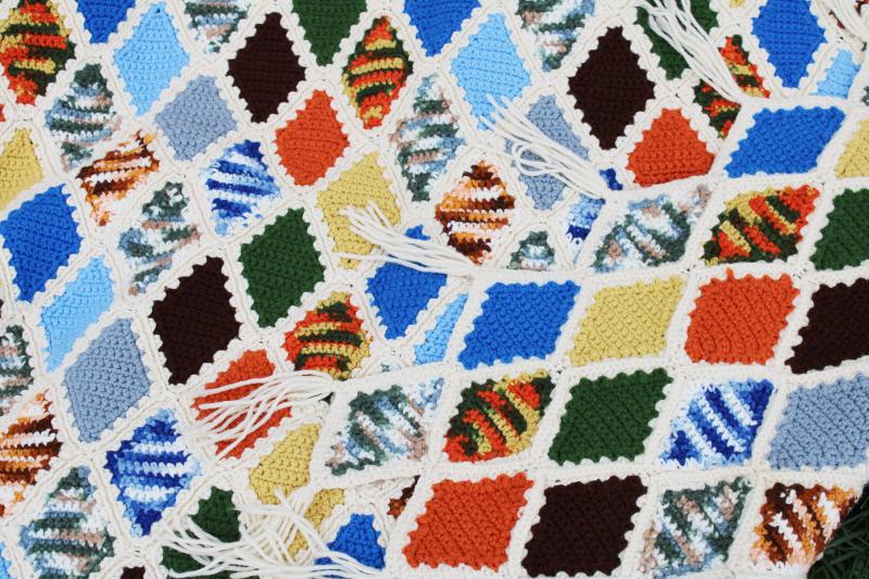 70s vintage crochet afghan blanket bedspread, stained glass window pattern diamonds