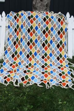 70s vintage crochet afghan blanket bedspread, stained glass window pattern diamonds