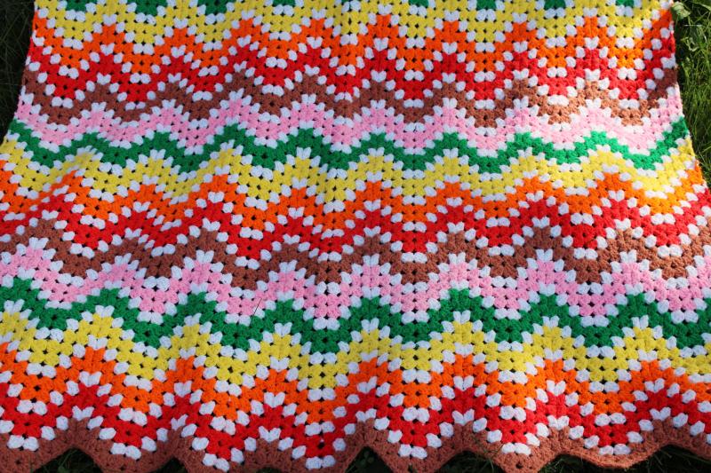 70s vintage crochet afghan throw blanket, bargello look stripes in rainbow colors 