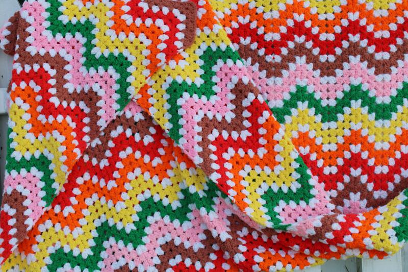70s vintage crochet afghan throw blanket, bargello look stripes in rainbow colors 