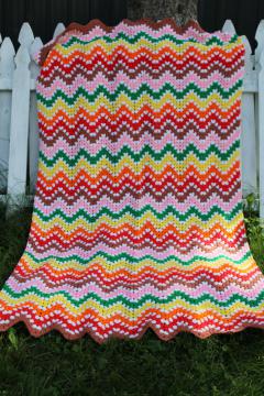 Vintage Inspired Crochet Baby Blanket- Made with Vintage Yarn Retro Colors Blue Coral Yellow and White Ready to Ship