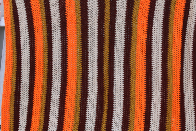 70s vintage crochet blanket, hippie decor retro orange  brown striped afghan w/ fringe