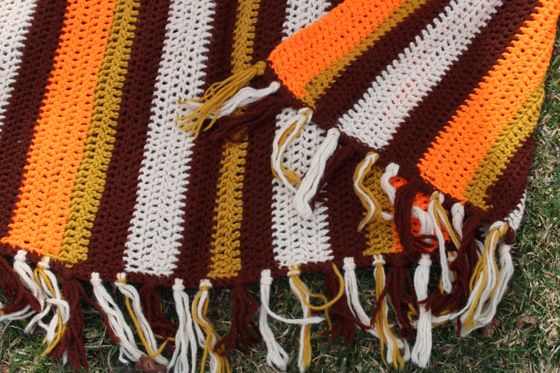 70s vintage crochet blanket, hippie decor retro orange  brown striped afghan w/ fringe