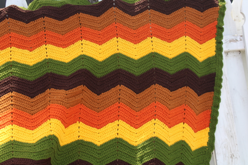 70s vintage crochet blanket, retro ripple stripes in rust orange, avocado, brown, gold
