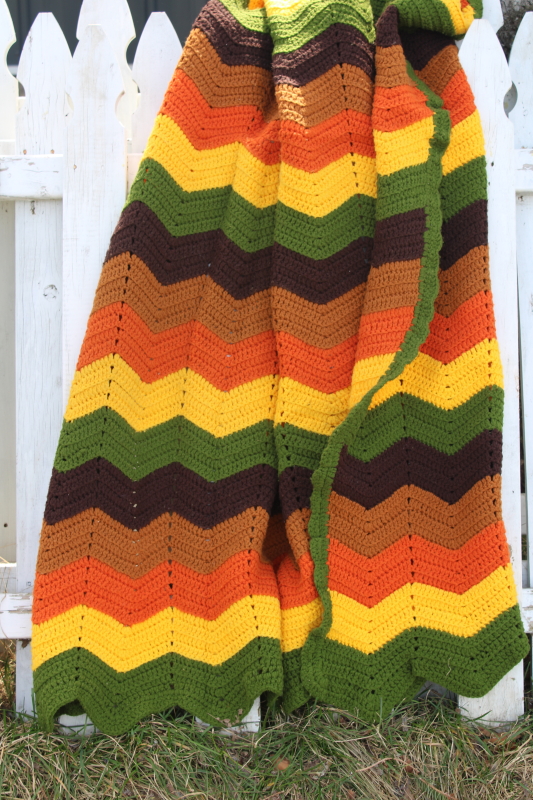 70s vintage crochet blanket, retro ripple stripes in rust orange, avocado, brown, gold
