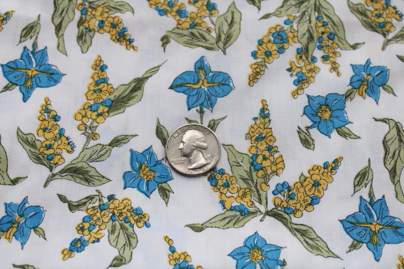 70s vintage fabric, hippie girl gold & aqua wildflowers print cotton poly blend
