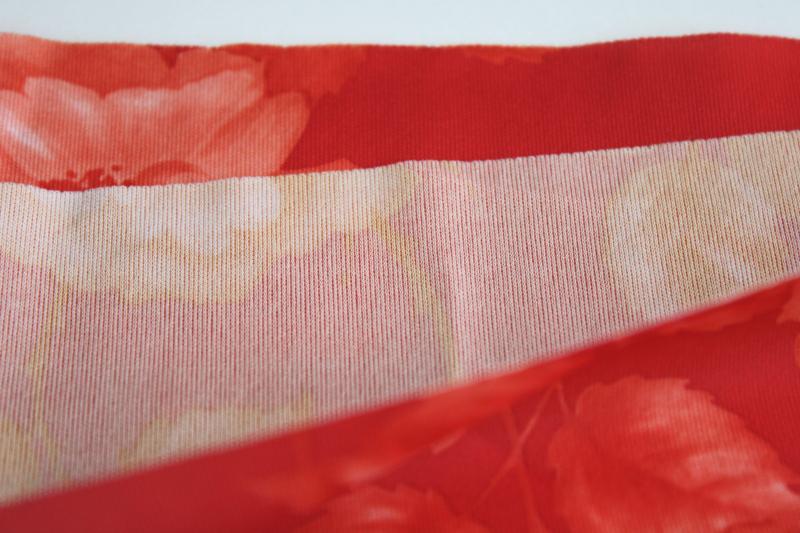 70s vintage fabric, poly tricot knit w/ retro flowered print coral / tomato red