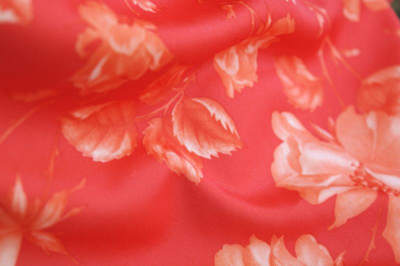 70s vintage fabric, poly tricot knit w/ retro flowered print coral / tomato red