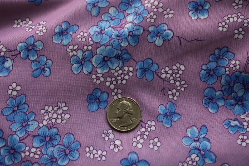 70s vintage fabric, retro poly tricot knit w/ floral print blue on lavender