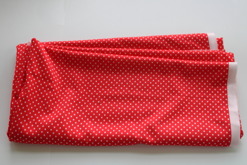 70s vintage fabric, retro poly tricot knit red w/ white dots, pin dot print